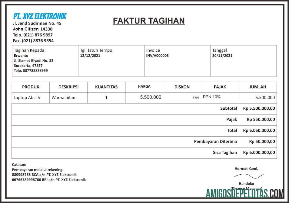 PT. Cheque de pagamento XYZ Elektronik em formatos Word e PDF amostra